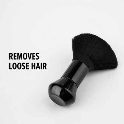 Black neck duster brush with Removes Loose Hair benefit text
