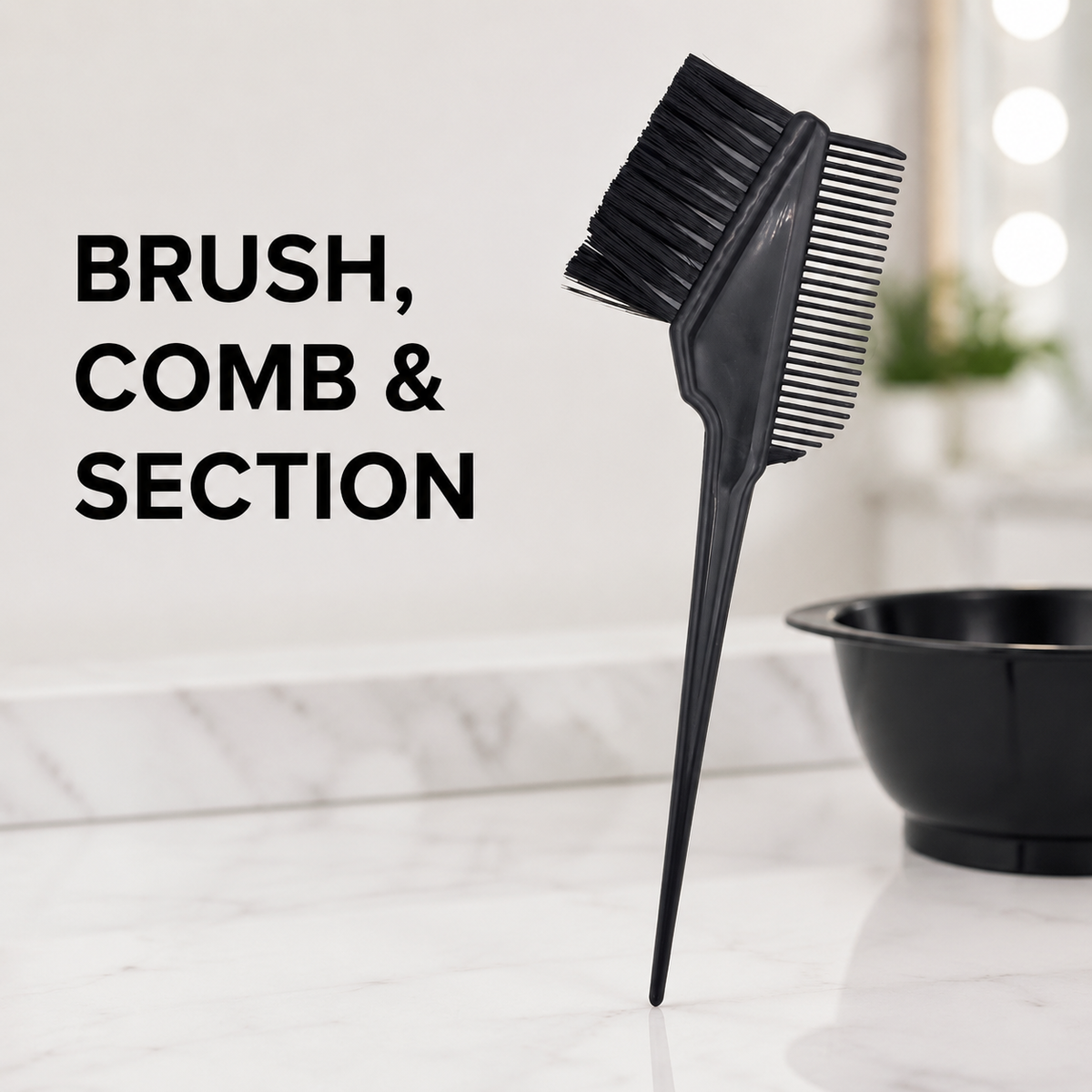 Black tint brush with integrated comb and pointed sectioning tail
