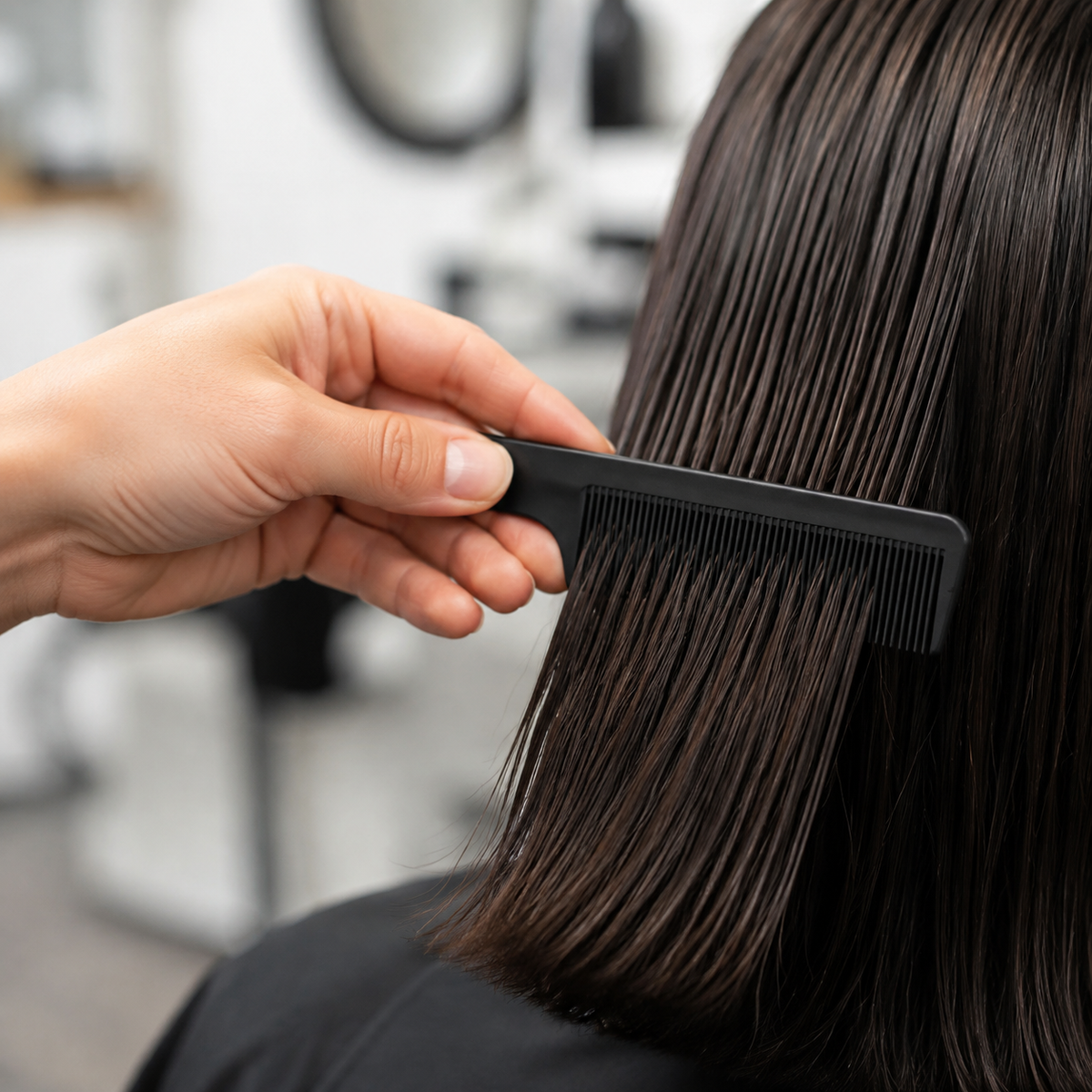 Stylist smoothing hair with the MV black carbon fibre flat comb