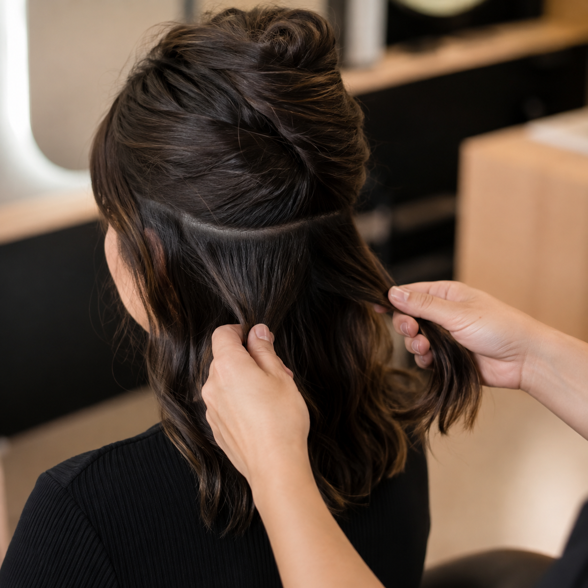 Stylist sectioning dark hair for controlled styling