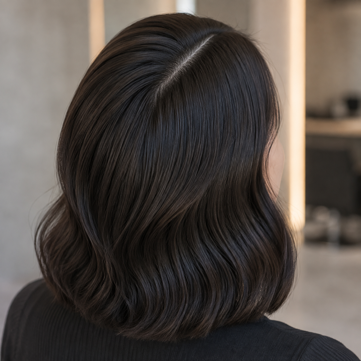 Finished dark hairstyle with a precise side part and waves