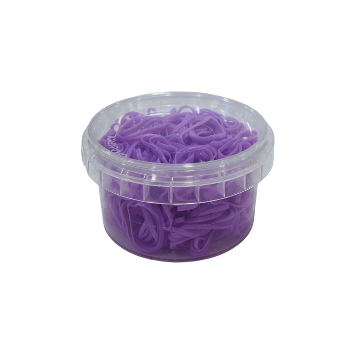 MV Classic purple hair rubber bands in a clear lidded tub