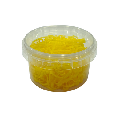 MV Classic yellow hair rubber bands in a clear lidded tub
