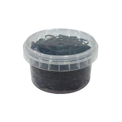 MV Classic black hair rubber bands in a clear lidded tub
