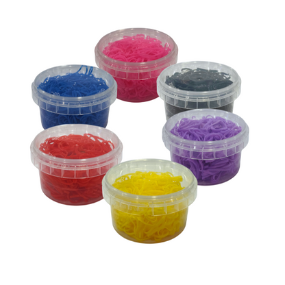 MV Classic Hair Rubber Bands in red, blue, black, purple, pink and yellow tubs