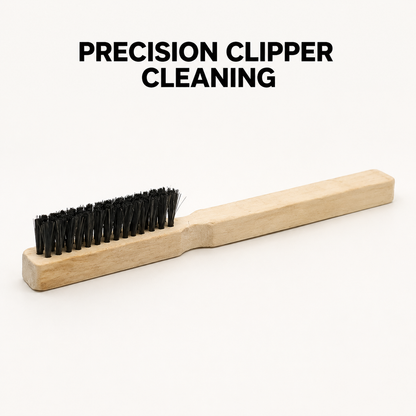 Wood-handle clipper brush with Precision Clipper Cleaning benefit text