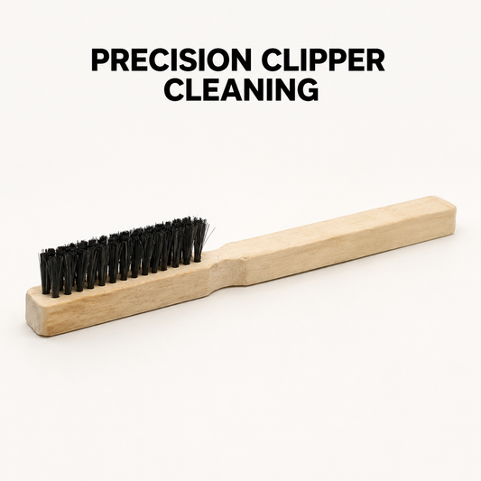 Wood-handle clipper brush with Precision Clipper Cleaning benefit text