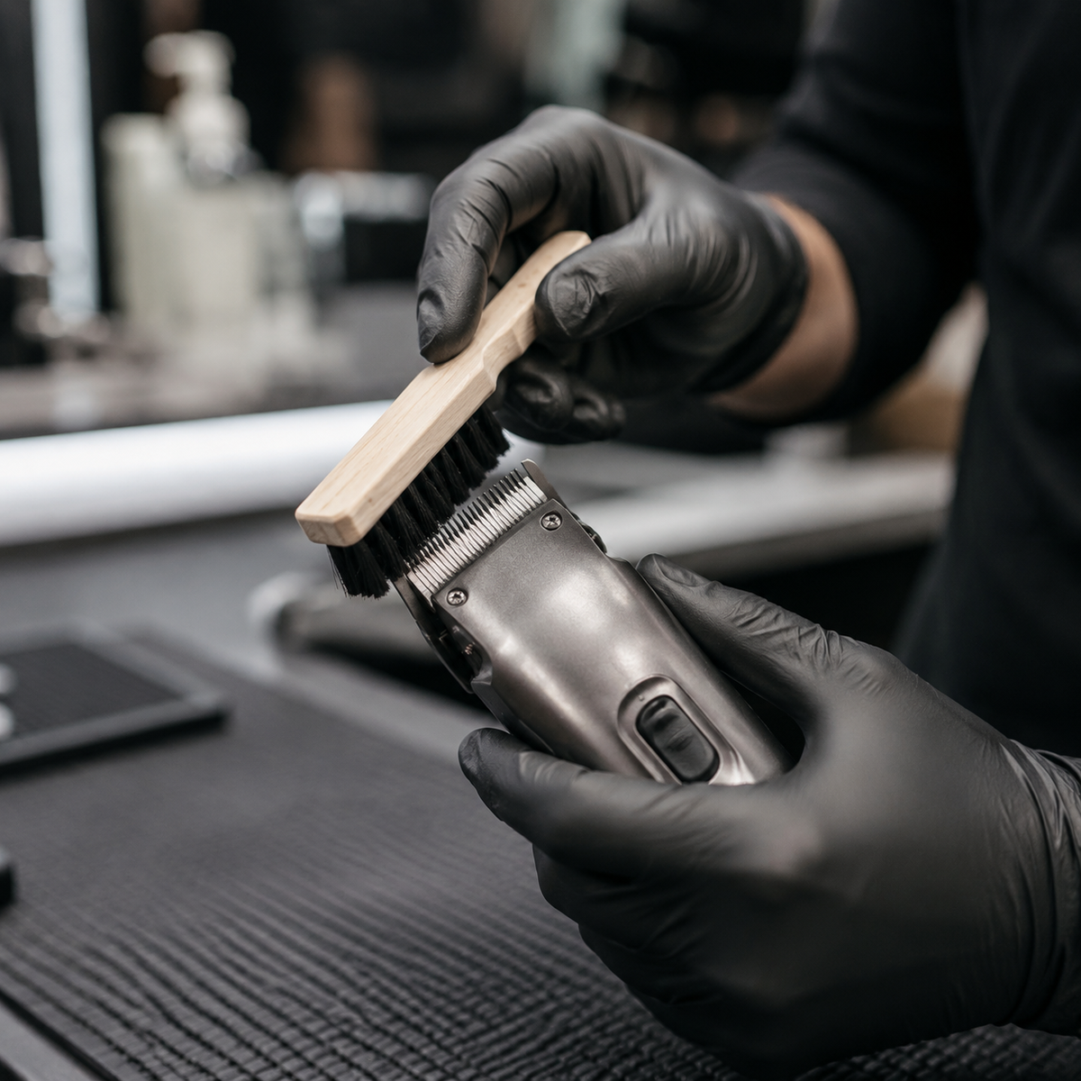 Barber brushing loose hair from a powered-off cordless clipper blade