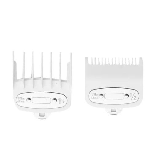 Two white clipper guide combs marked 0.5 and 1.5