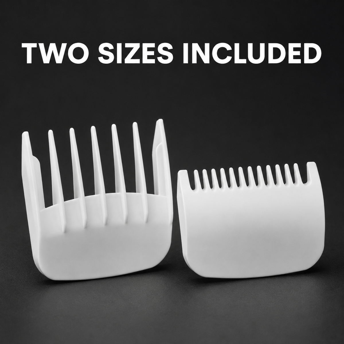Two white clipper guide comb sizes shown in a product-details graphic
