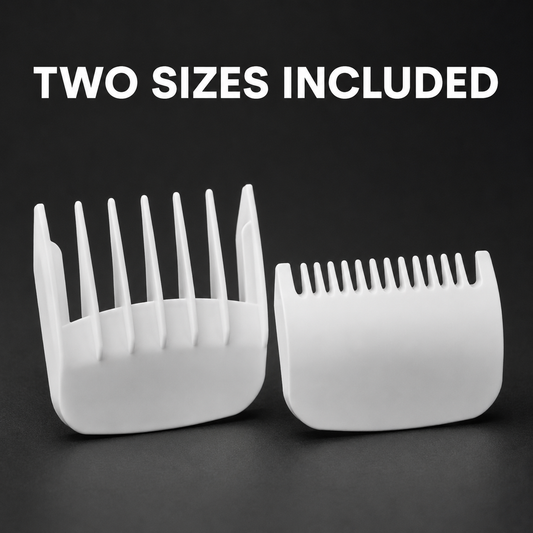 Two white clipper guide comb sizes shown in a product-details graphic