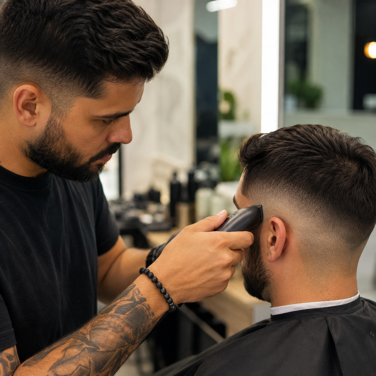 Barber using an unbranded clipper with a guide comb during a fade