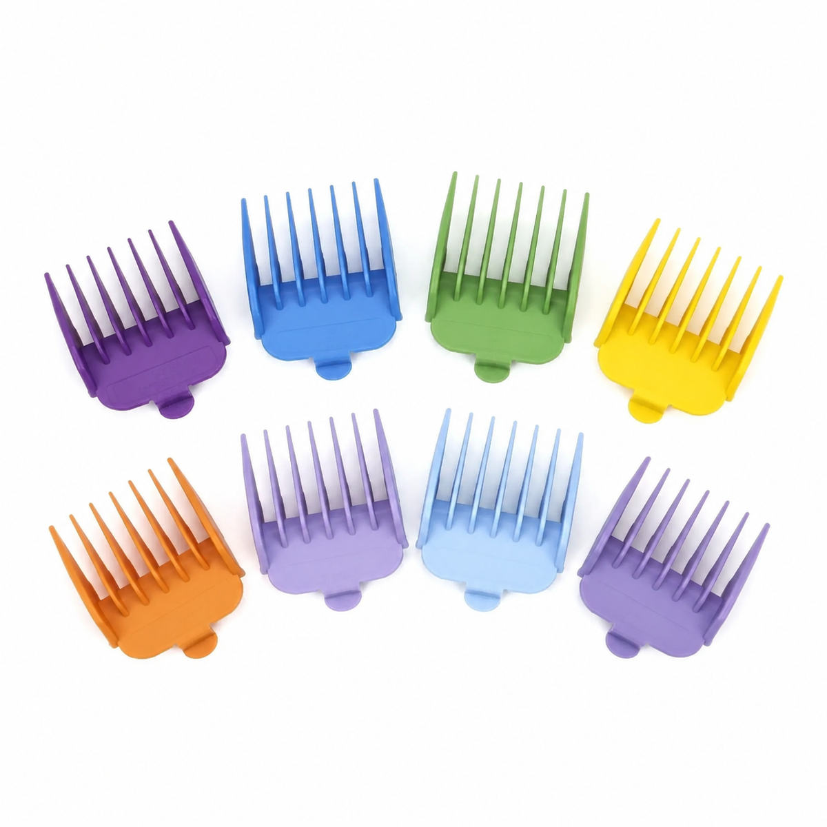 Overhead view of all eight coloured clipper guards included in the set