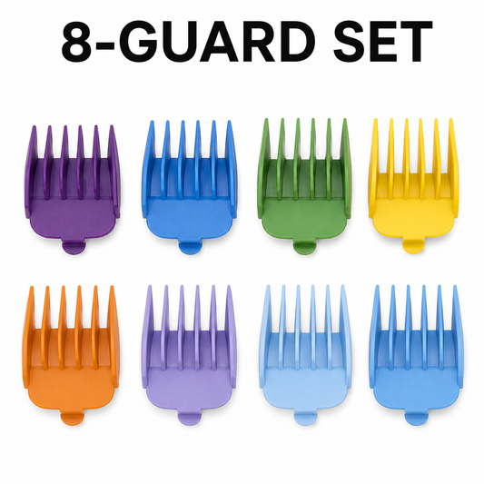 Eight-piece coloured clipper guard set benefit graphic