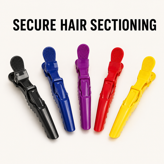 Crocodile hair clips in black, blue, purple, red and yellow with secure hair sectioning text