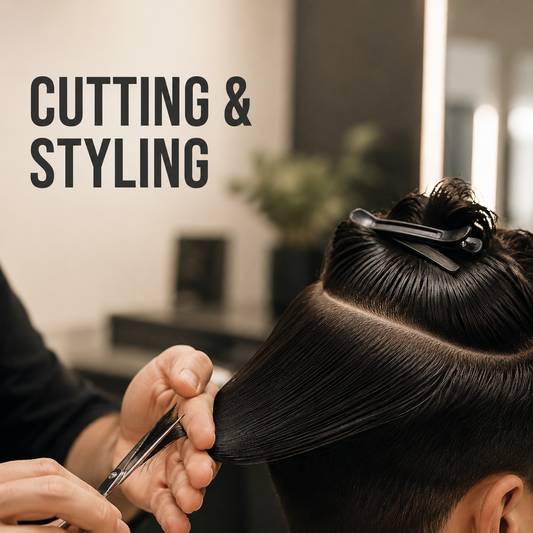 Professional cutting and styling comb benefit graphic showing sectioned hair