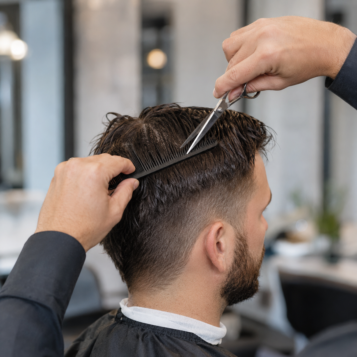 Barber using a cutting comb to guide hair during a professional haircut