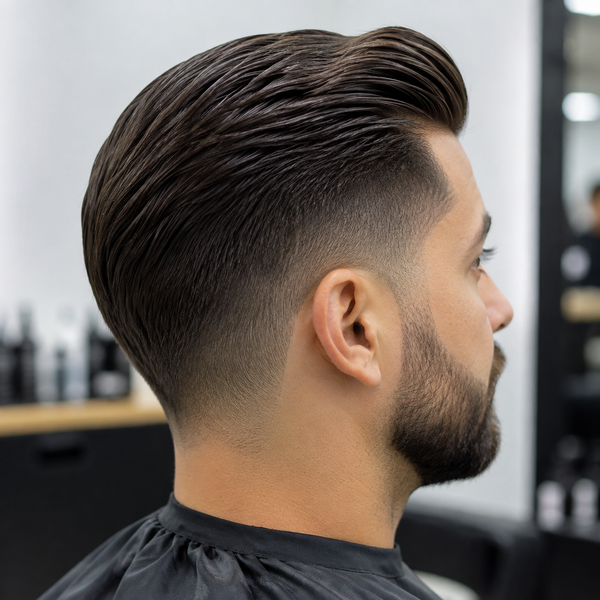 Finished salon haircut with clean sections and neatly styled hair