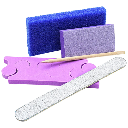 Five-piece disposable nail kit with file, buffer, pumice, stick and separator