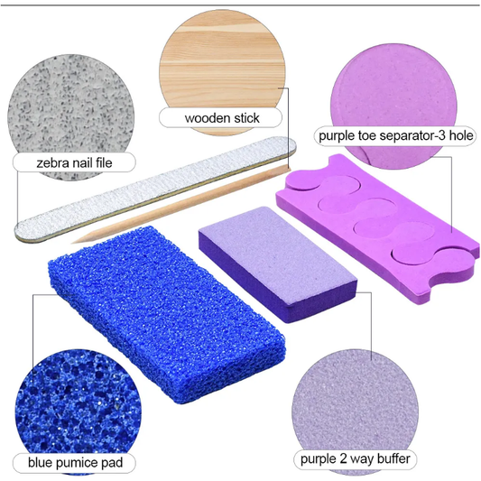 Labelled contents of the MV five-piece disposable manicure and pedicure kit