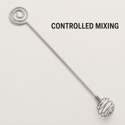 Stainless steel mixing stick with Controlled Mixing benefit text