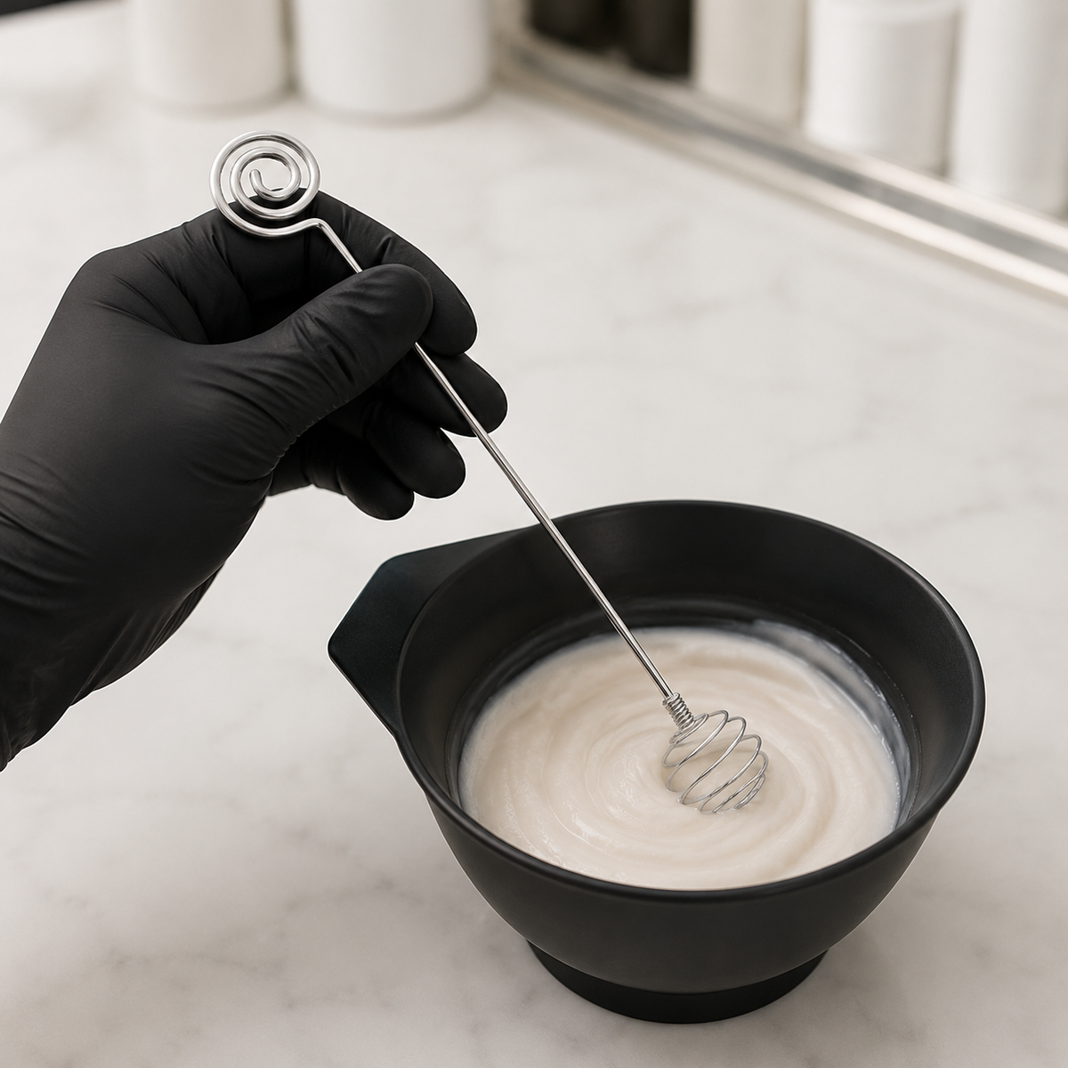 Gloved hand mixing cosmetic cream in a bowl with a stainless steel stick