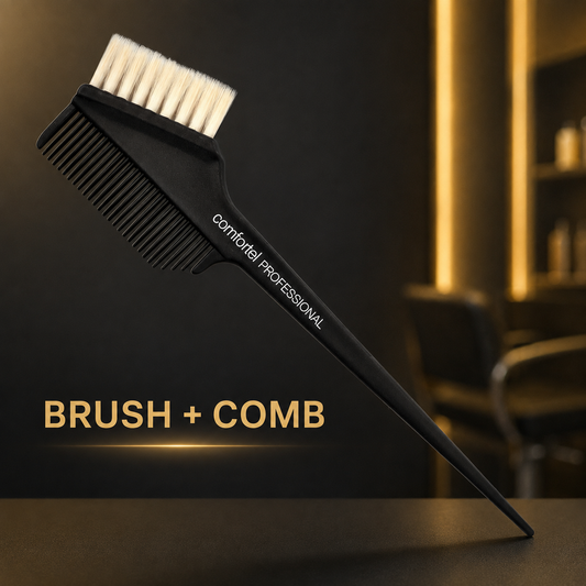 Dual-sided tint brush with pale yellow bristles and comb benefit graphic