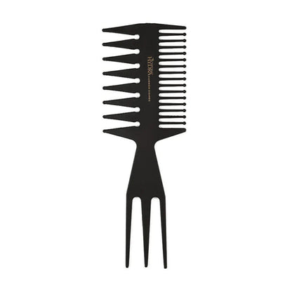 Black dual-tooth styling comb with three-prong tail