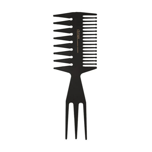 Black dual-tooth styling comb with three-prong tail