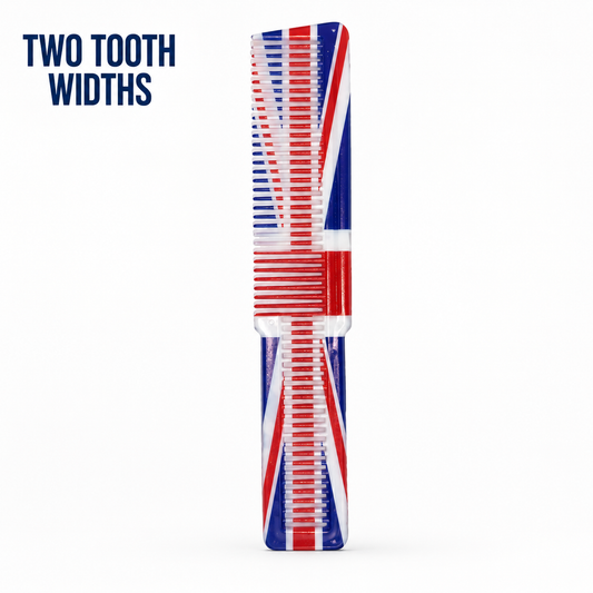 England flag styling comb graphic highlighting its fine and wide teeth