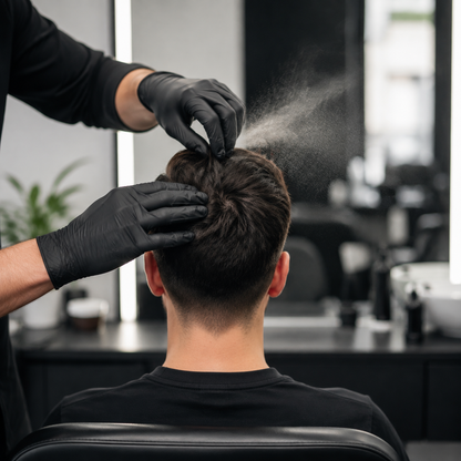 Professional stylist safely misting an adult client's hair with water