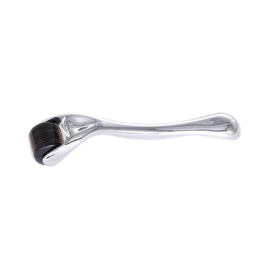 Silver MV needle-style facial skin roller with curved handle