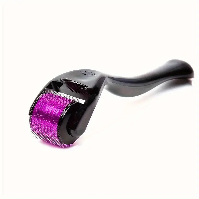 Black MV needle-style facial skin roller with purple roller head