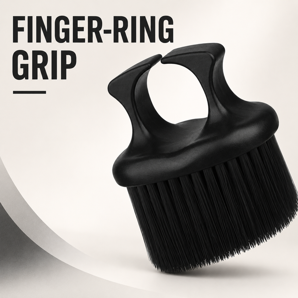 Black neck duster brush with compact finger-ring grip