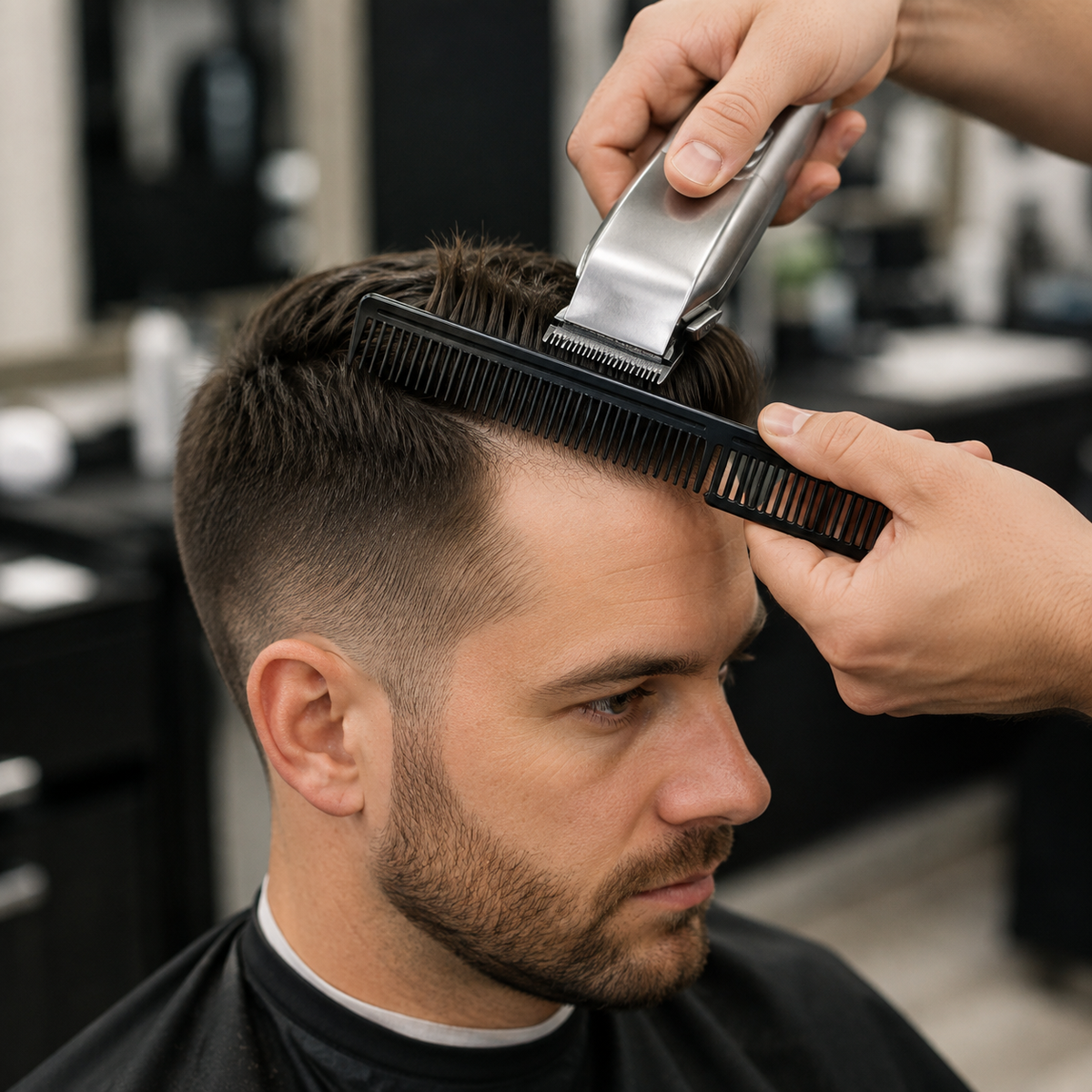 Barber safely using a black flat-top comb as a clipper-over-comb guide on adult hair