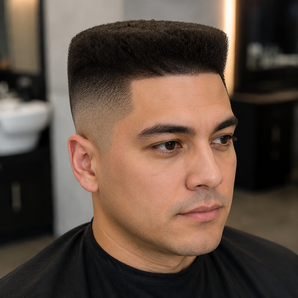 Finished clean flat-top haircut with level top and graduated sides