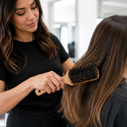 Hairstylist using the MV flat wood paddle brush on long dry hair