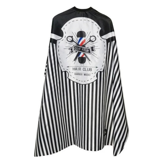 MV Hair Club black-and-white striped barber cape front view