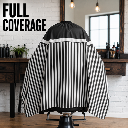 MV Hair Club black-and-white striped barber cape full-coverage graphic