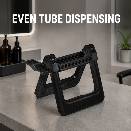 Black tube squeezer graphic showing controlled salon tube dispensing
