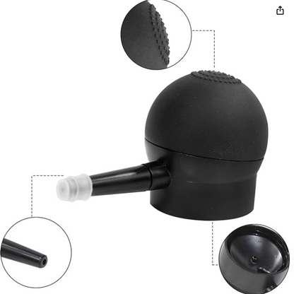 Black hair fibre spray applicator with bulb, nozzle and connector details