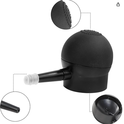Black hair fibre spray applicator with bulb, nozzle and connector details