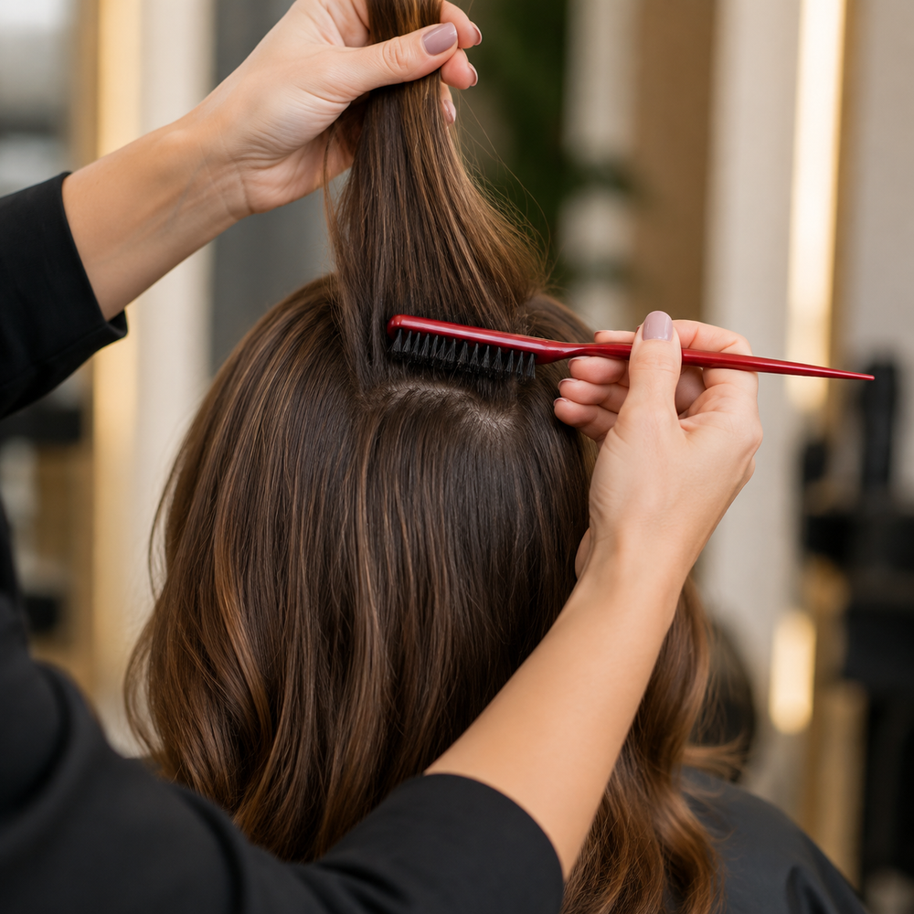 Stylist backcombing hair at the crown with a red teasing brush