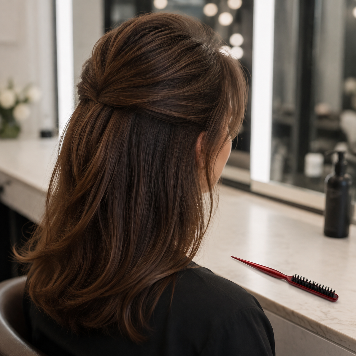 Lifted crown hairstyle beside a red hair teasing brush