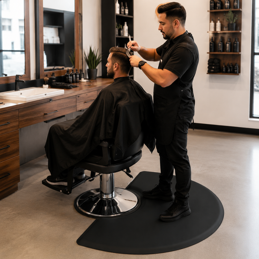 Barber standing on black half-moon mat while styling a client's hair