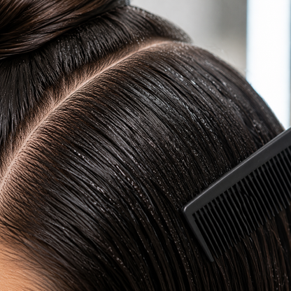 Damp hair sectioned with a comb after fine-mist spray application