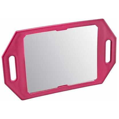 MV pink rectangular handheld salon mirror shown at an angle