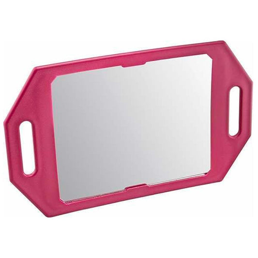 MV pink rectangular handheld salon mirror shown at an angle