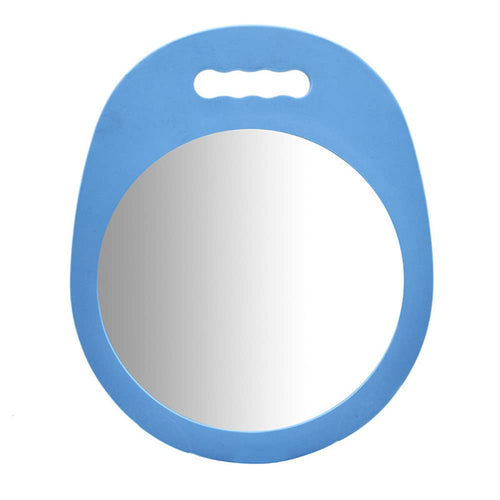 MV handheld round salon mirror in blue with integrated grip