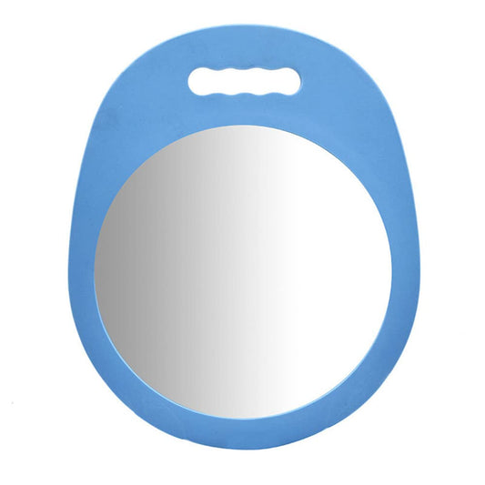 MV handheld round salon mirror in blue with integrated grip
